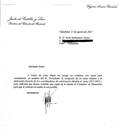 Carta de la directora del Gabinete de Presidencia. Junta de Castilla y León.