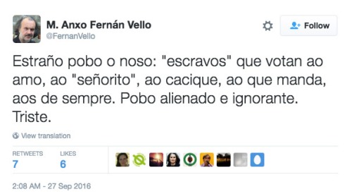 Tuit del mediocre diputado gallego, Miguel Anxo Ferrán
